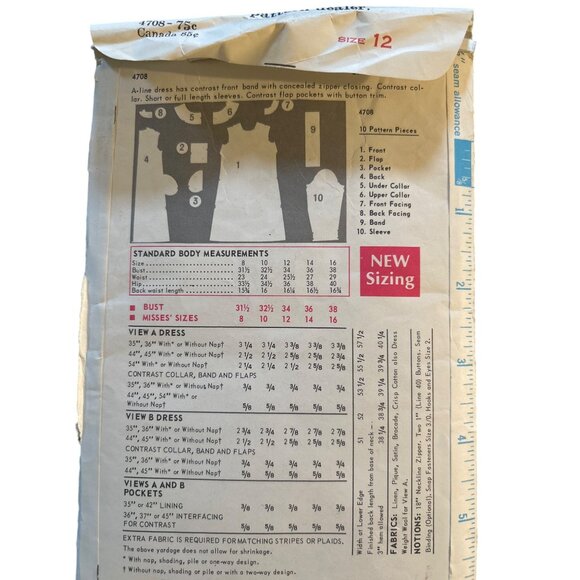 Butterick Sewing 1960s Pattern Size12 A-Line Dresses Contrast Trim Pockets Vtg - Picture 4 of 6